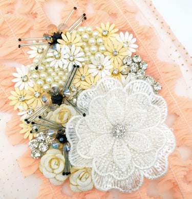 White Hand Embroidered Floral Applique With Beads, Rhinestones,Bugle Beads